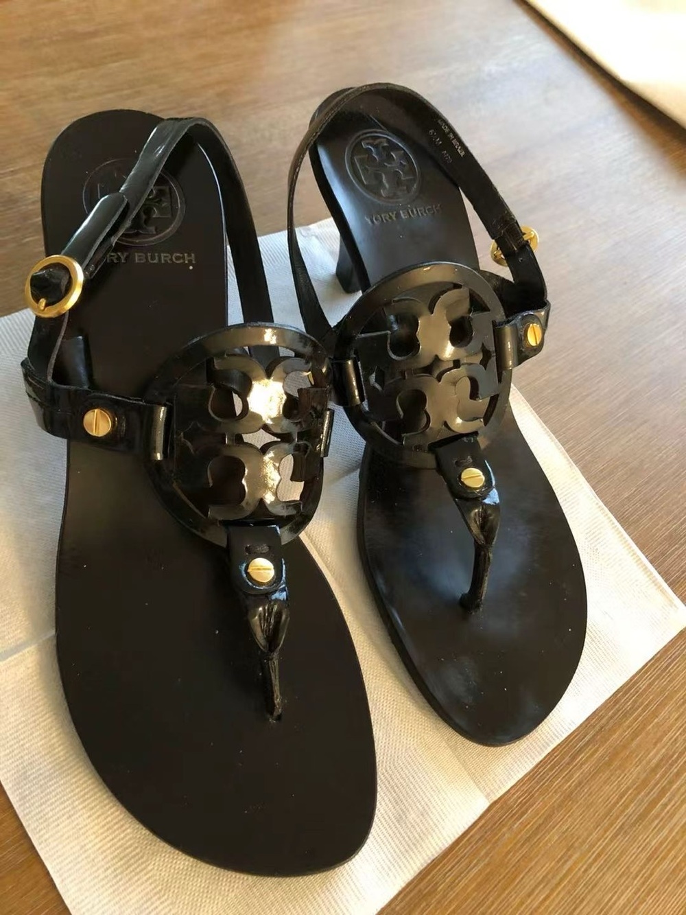 Tory Burch Black Patent Miller Thong Sandals with Gold Accents
